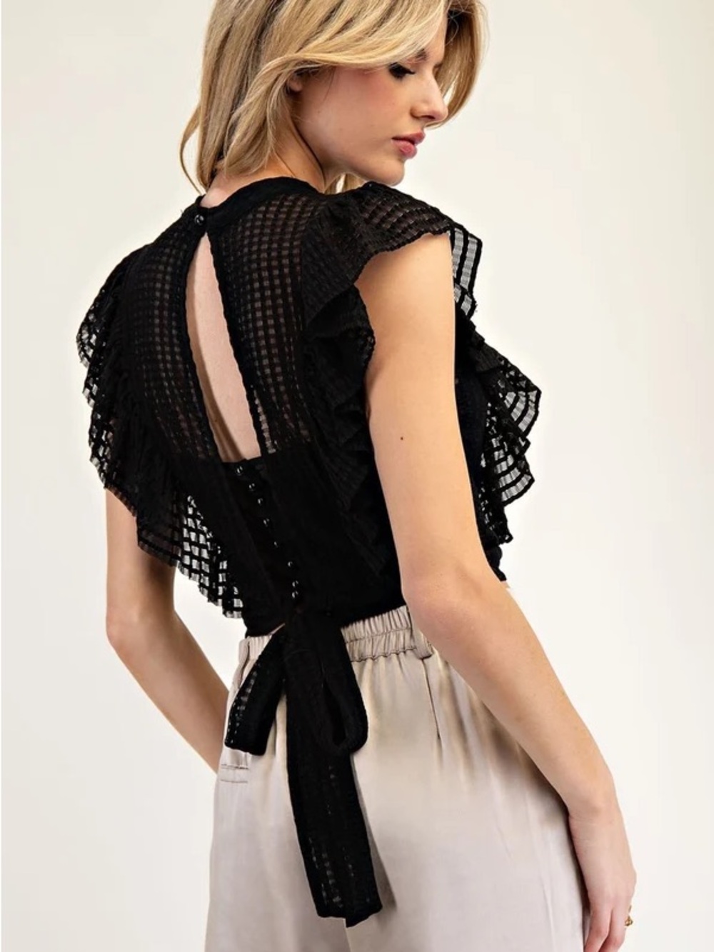 Maeve Anthropologie Black Sheer Ruffle Sleeve Blouse Top